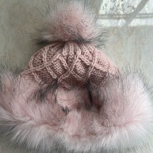 Pink Knit Beanie with Faux Fur Pom